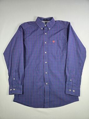 Ariat Pro Series Fitted Blue Red Plaid Button Down Western Cowboy Rodeo Shirt M